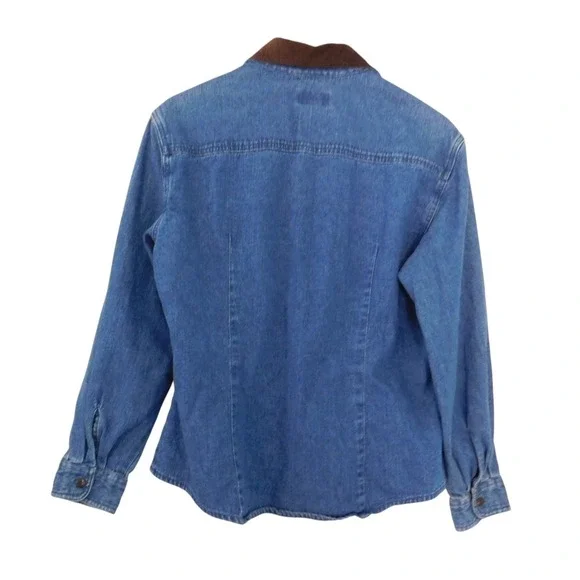Talbots Womens Denim Shirt Jacket Button Front Brown Collar Size Petite Medium - Picture 3 of 5